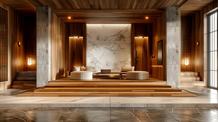 Modern interior design with wooden walls and marble accents