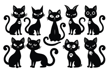 Obraz premium Happy Halloween. Mega set of black cat with yellow eyes in different poses with a pumpkin, on a broomstick, in a hat of a witch and other elements isolated on a white background. Cartoon, vector