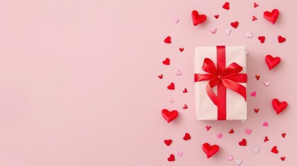 Obraz premium Valentine's Day flat lay with a gift wrapped in white paper and red ribbon, surrounded by red hearts on a pink background.