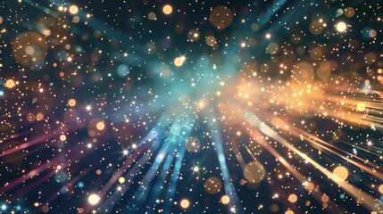 Fototapeta premium Dynamic image with green and blue light rays and sparkling particles, creating a vibrant, energetic effect.