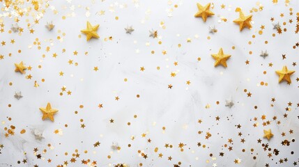 Golden stars and confetti scattered on a white background, creating a festive and celebratory scene.