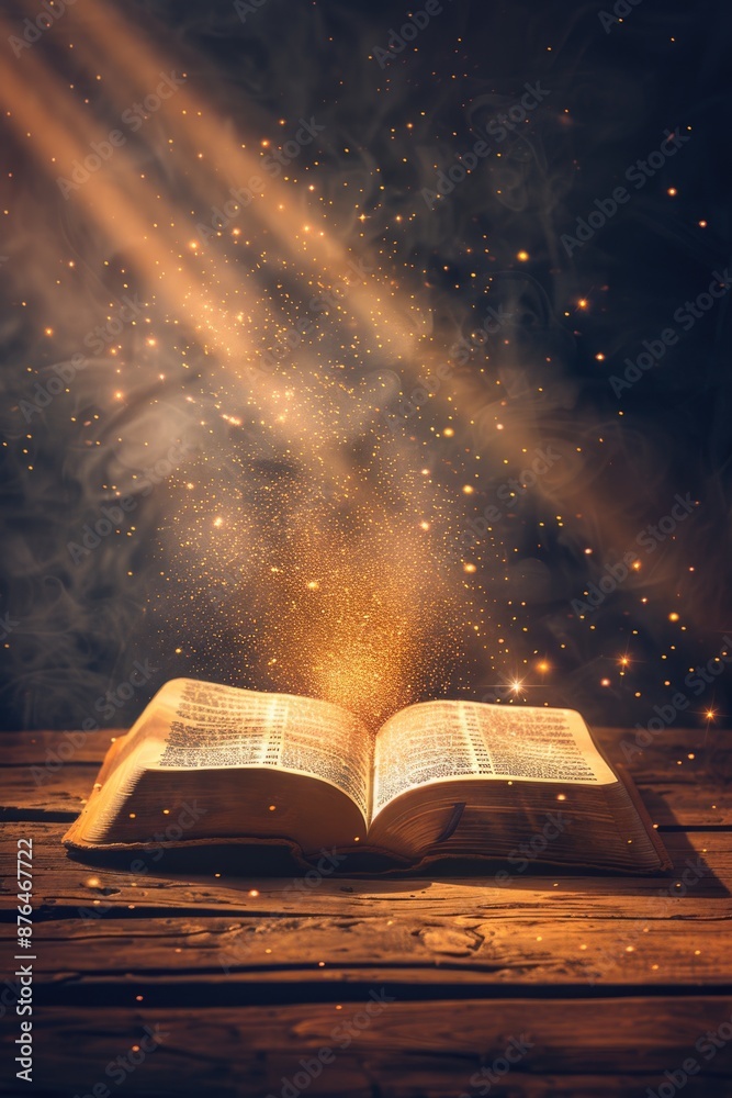 Poster A book opened on a wooden table with a beam of light shining from within, symbolizing knowledge and understanding
