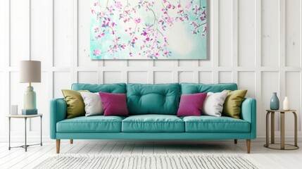 Modern living room with a teal sofa, vibrant cushions, and colorful wall art. Ideal for home decor and interior design themes.