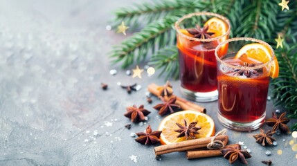 Two glasses of mulled wine with orange slices, anise, and cinnamon sticks, surrounded by festive decor. Ideal for holiday celebration images.