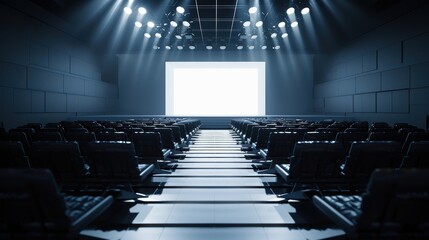 Empty fashion runway with spotlights and audience seats, creating an atmosphere of anticipation. Fashion show concept.
