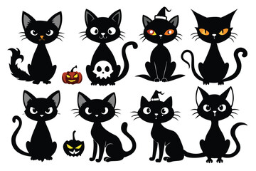 Fototapeta premium Happy Halloween. Mega set of black cat with yellow eyes in different poses with a pumpkin, on a broomstick, in a hat of a witch and other elements isolated on a white background. Cartoon, vector