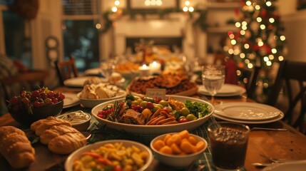 Fototapeta premium Joyful Potluck Feast A Vibrant Gathering of Homemade Delights in Warm Ambiance