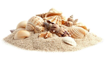 A pile of sea shells on a sandy beach