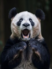 Obraz premium A very surprised and shocked panda with its mouth open and paws touching its head. Funny inspired animal