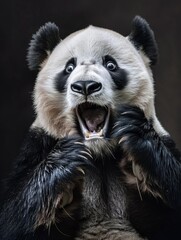 Obraz premium A very surprised and shocked panda with its mouth open and paws touching its head. Funny inspired animal