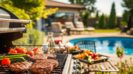 Backyard Barbecue with Built-In Gas Grill, Steaks, Vegetables, and Beautiful Landscaped Yard