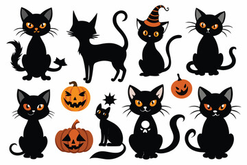 Obraz premium Happy Halloween. Mega set of black cat with yellow eyes in different poses with a pumpkin, on a broomstick, in a hat of a witch and other elements isolated on a white background. Cartoon, vector