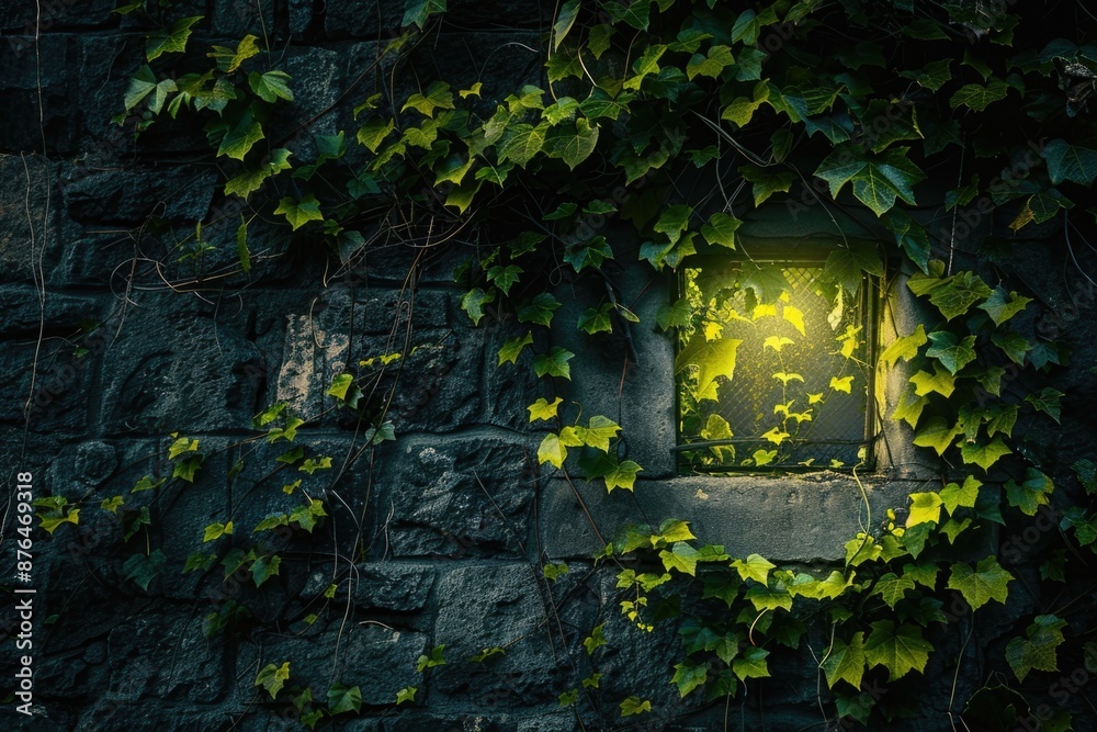 Aufkleber a window in a stone wall covered in ivy, natural and rustic setting