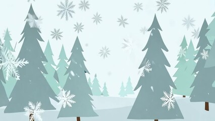 A snowy forest with trees blanketed in snow and delicate snowflakes gently falling from the sky, creating a serene and wintry landscape.
