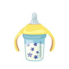 Milk bottle with latex nipple and plastic handles for feeding newborn baby isolated on white