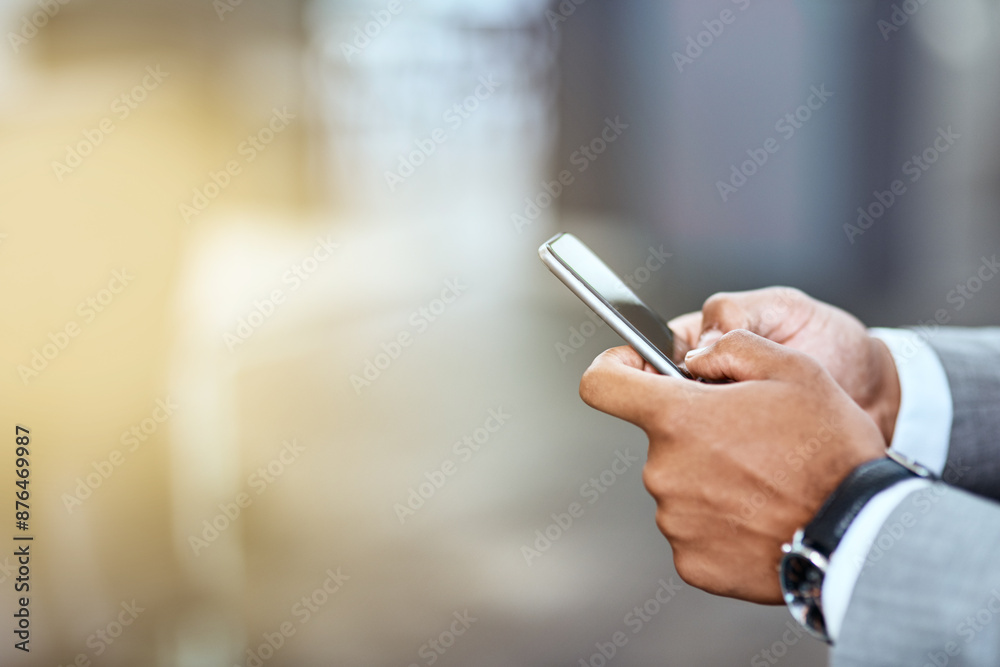 Poster businessman, hands and typing with phone for communication, online chatting or texting on app at off