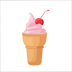 Cartoon cherry ice-cream in waffle cup with berry decoration on top isolated on white background