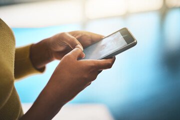 Typing, hands and online with cellphone, email and pre approved loan for small business, person and application in web. Closeup, screen and digital in cafe, owner and plan for launch of startup