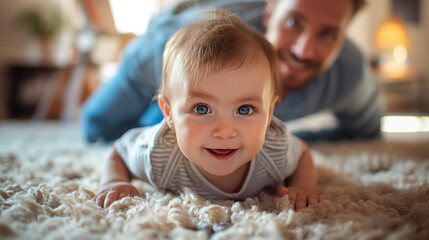 the father  helps the baby take the first steps to walk , happy baby crawls   with the support of the father 