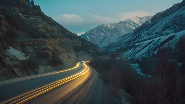 The glow of the car light trails perfectly complement the rugged backdrop of the mountain range.
