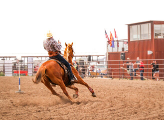 Cowboy Riding In Rodeo Showing Off His Skills