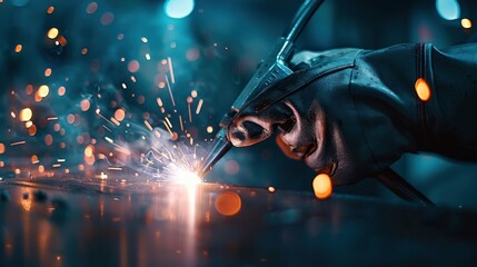 Fototapeta premium A man is welding a piece of metal. The sparks and heat from the welding process create a sense of danger and excitement. Concept of hard work and dedication