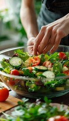 Hands Tossing Fresh Vegetable Salad with Tomatoes, Cucumbers, and Leafy Greens in a Bowl - Ideal for Healthy Eating Concepts