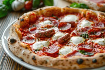 A single slice of pizza on a white plate set on a table, ready for serving
