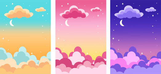 set of sky gradient backgrounds, for Instagram, Internet sites, for postcard, starry sky with clouds, with space for text, orange-blue, pink-yellow and purple night sky, flat vector illustration.