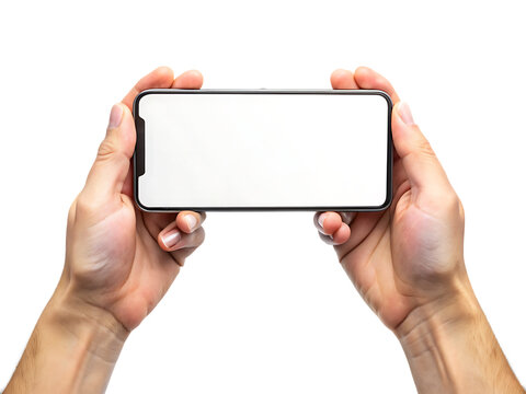 Tow Hand holding smartphone display mock up isolated on white background. PNG
