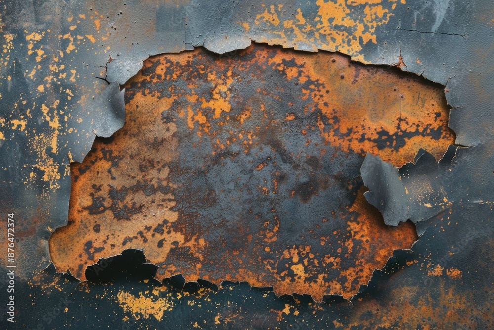 Poster a close-up of a rusty metal surface with a circular hole, possibly an old industrial or automotive p