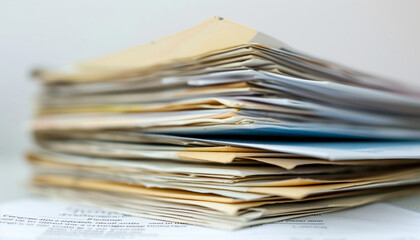 Stack of assorted documents and folders on a desk ideal for office or paperwork themes