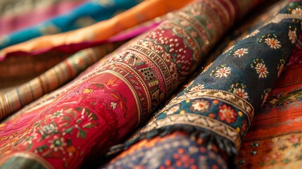 Fototapeta premium Close-up of Chunri fabric reveals intricate patterns and vibrant colors, showcasing exquisite craftsmanship.