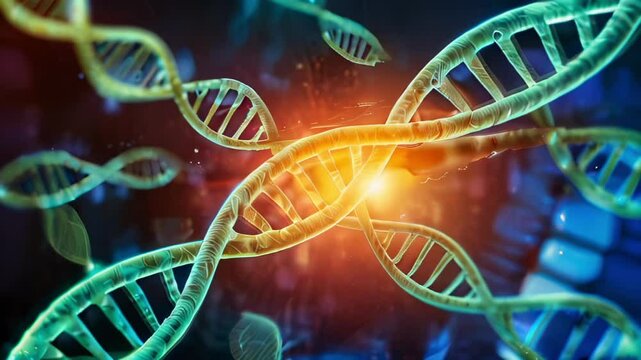 Glowing 3D render of DNA double helix with genetic code.