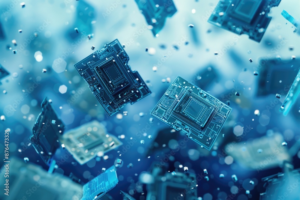 Poster a collection of electronic components suspended in the air, great for scenes where technology is mal