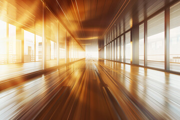 A surreal image of a hallway with a golden, blurred effect creating a sense of motion and depth