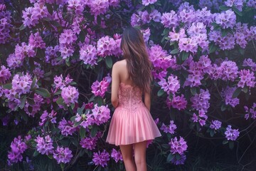 Naklejka premium A woman stands among a bush of purple flowers, likely for a garden or nature-related theme