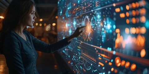 Woman interacting with futuristic digital financial data on a large touchscreen