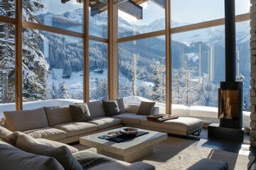 Fototapeta premium Modern Designer Heater in Luxurious Winter Cabin with Panoramic Snowy Forest View