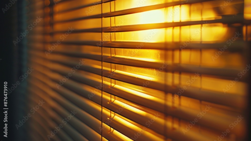 Poster bright sunlight shines through the slats of window blinds, creating a warm and cozy atmosphere