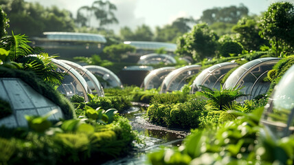 Futuristic domes in lush green landscape