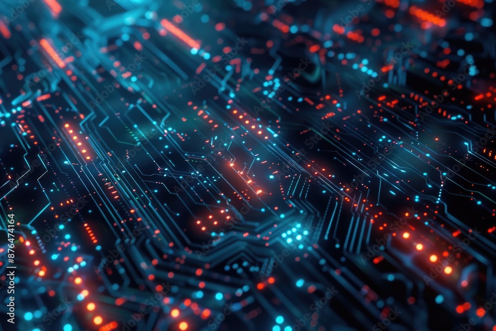 Poster a close-up view of a circuit board featuring red and blue lights