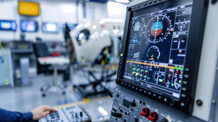 A cockpit with a plane in the background