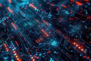 Obraz premium A close-up view of a circuit board featuring red and blue lights