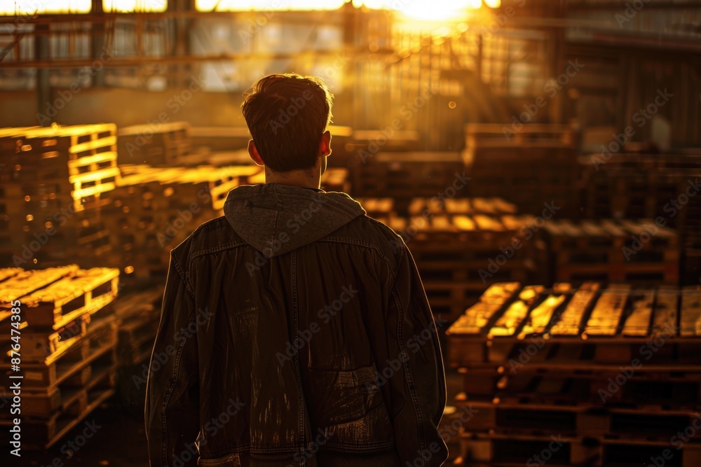 Poster a man standing in front of a warehouse filled with pallets