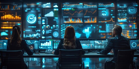 Team of professionals analyzing data on multiple screens in a futuristic control room