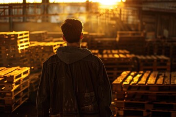 Obraz premium A man standing in front of a warehouse filled with pallets