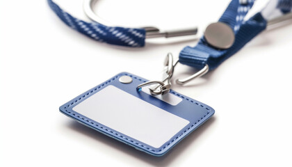 Blue and white lanyard with blank name tag ideal for events, conferences, or identification purposes