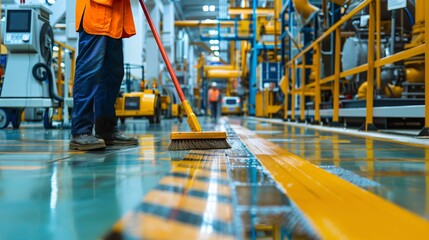 Close up shot of the person's hands sweeping a minimalist factory floor with bright, colorful equipment