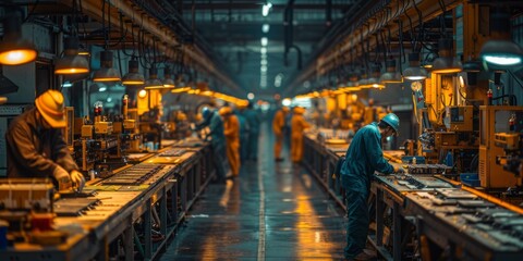 Obraz premium Workers assembling electronics on a factory production line